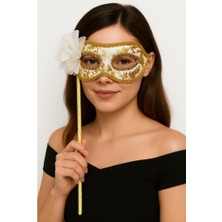 Ett Lüks Taşlı Saplı Maskeli Balo Maskesi Beyaz Renk 35 cm