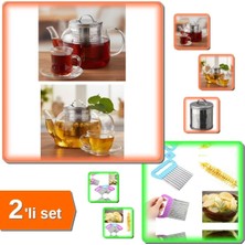 Mikasso Çay Süzgeci Büyük Boy Paslanmaz Çelik + Kolay Patates Meyve ve Sebze Dilimleyici - 2li Set M0D0B1 Çe