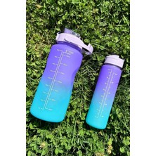 Mikasso Motivasyonel 2li Su Matarası Su Şişesi Suluk 2 Lt 900ML Yavrulu Spor Salonu Su Şişesi Mor Plastik