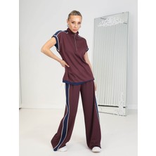 Qimya Butik Buketli Kadın Dik Yaka Fermuarlı Ay Kollu Üst ve Bol Pantolonlu Alt Üst Ikili Takım