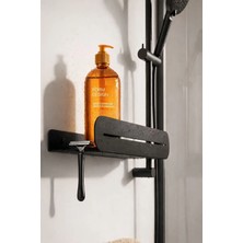 Form Design Paslanmaz Duş Rafı Metal – Yapışkanlı Banyo Rafı Şampuanlık Organizer – Kancalı – Mat Siyah / Beyaz