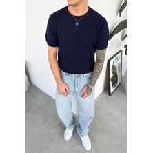 HAFKA Lacivert Basic Bisiklet Yaka Triko Relaxed Tişört