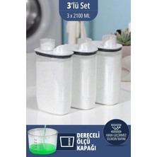 Mikasso Silikon Kapaklı Ölçekli Toz Sıvı Tablet Deterjan Saklama Kabı Kutusu 2100 ml 3 Adet Beyaz Plastik Be