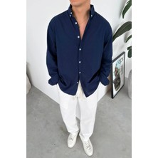 HAFKA Lacivert Oversize Fresh Keten Gömlek