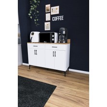 Dekorfim DF14103 Kahve Köşesi Dolabı Çok Amaçlı Mutfak Konsolu Çekmeceli Kapaklı Mutfak Dolabı Coffee Bar Dolabı Beyaz-Çam