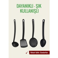 Mikasso 4’lü Mutfak Seti – Kepçe, Kevgir, Spatula, Kaşık – 220°C Dayanıklı Siyah Plastik Siyah