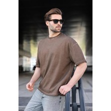 Madmext Kahverengi %100 Pamuklu Bisiklet Yaka Oversize Erkek Tişört E7177