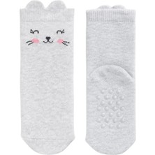 Solde 2'li Aynı Model Kaydırmaz Tabanlı Gri Kedi Desenli Çorap Seti