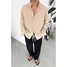 HAFKA Bej Oversize Fresh Keten Gömlek