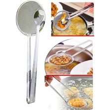 Mikasso 10X28 cm Süzgeçli Kızartma Maşası Çelik Kevgir Mangal Maşalı Haşlama Kevgiri Yağ Süzme Kaşığı Paslan