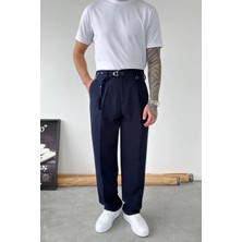 HAFKA Lacivert Pile Detay Kemerli Baggy Kumaş Pantolon