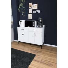 Dekorfim DF14103 Kahve Köşesi Dolabı Çok Amaçlı Mutfak Konsolu Çekmeceli Kapaklı Mutfak Dolabı Coffee Bar Dolabı Beyaz