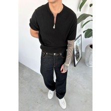 HAFKA Siyah Yarım Fermuarlı Premium Triko Tişört