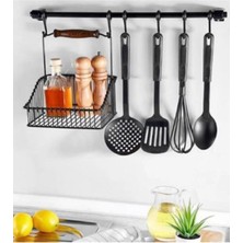 Mikasso Ferforje Sepet + Duvar Rayı Askılık Siyah Metal Siyah