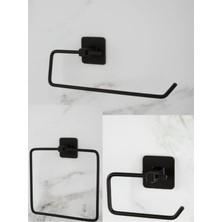 Mikasso Siyah Kare Havluluk Yapışkanlı Açık Tuvalet Kağıtlığı Solo Rulo Kağıtlık 3 Lü Banyo Seti Siyah