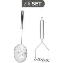 Mikasso 2 Li Set Paslanmaz Çelik Mutfak Seti Kızartma Yağ Kevgiri ve 24 cm Patates Ezici Paslanmaz Çelik