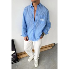 HAFKA Bebe Mavi Daily Nakışlı Çizgili Oversize Gömlek