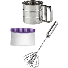 Mikasso Un Eleği Kakao Pudra Eleme + Çelik Yumurta Çırpıcı Mikser Karıştırıcı + Hamur Kesici Spatula Silikon