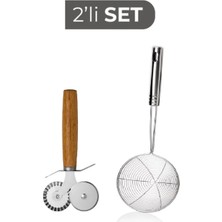 Mikasso Paslanmaz Çelik Tel Patates Kızartma Yağ Kevgiri ve Bambu Saplı Çiftli Hamur Kesici Pizza Ruleti Pas