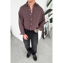 HAFKA Kahverengi Premium Çizgili Oversize Gömlek