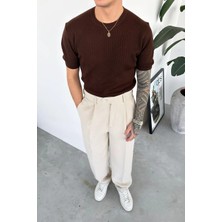 HAFKA Kahverengi Basic Bisiklet Yaka Triko Relaxed Tişört