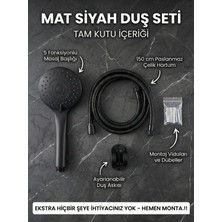 Mikasso Mat Siyah Lüks Duş Seti - 4 Fonksiyonlu Masajlı Duş Başlığı + 150CM Hortum + Askı (Tam Takım) Siyah
