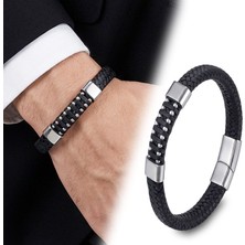 Fm 💎 Premium Deri Çelik Damla Zincir Dolama Bileklik – Siyah 31834B1D7  -  21 cm