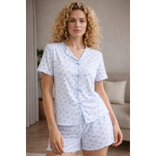 Nisanca Minimal Desenli Kısa Kollu Kadın Şortlu Pijama Takımı – Alaçatı Desenli Yazlık Kadın Pijama Takımı – Şortlu Ev Giyim