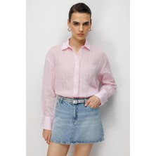 Mixray 4644 Kadın Kabartma Çizgili Transparan Basic Gömlek Pembe