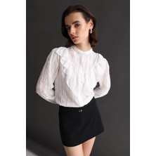 Mixray 4828 Kadın Çizgili Fırfır Detaylı Hakim Yaka Gömlek Ekru