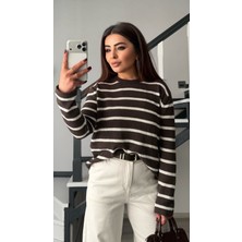 Elisin Kahve-Ekru Çizgili Merserize Bluz