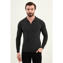 MCR Desenli Slim Fit Polo Yaka Fermuarlı Yün Erkek Triko Kazak