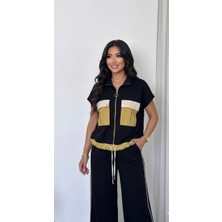 Qimya Butik Buketli Kadın Cep ve Etek Ucu Renkli Paraşüt Kumaş Kolsuz Sweat ve Bol Pantolonlu Alt Üst Ikili Takım
