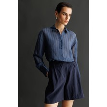 Mixray 4644 Kadın Kabartma Çizgili Transparan Basic Gömlek Lacivert