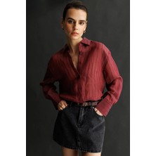 Mixray 4644 Kadın Kabartma Çizgili Transparan Basic Gömlek Bordo