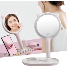 Çetiner Group® Kedi Kulaklı Telefon Standlı Yuvarlak Dokunmatik LED Ayarlı Masa Üstü Makyaj Aynası