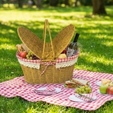 2 Kapaklı Oval Plastik Rattan Piknik Sepeti – Doğal Hasır Görünümlü Çok Amaçlı Piknik, Plaj ve Bahçe Sepeti