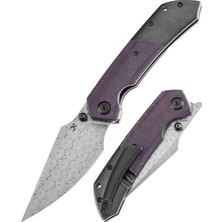 Kansept Fenrir | Önden Açılan/başparmak Saplı | Siyah Kaplama Titanyum ve Mor Mikarta Sap | Damascus Çelik Çakı | K1034Z2