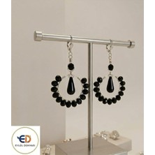 Eylül Dünyası El Yapımı- Siyah- Kristal Boncuklu Halka Küpe (9 Cm)