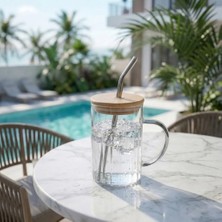 Bambu Kapaklı Cam Pipetli Kupa 420 ml | Füme - Gri