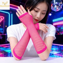 Dadya Milla Ddy 80’ler 90’lar Retro Neon Fuşya Şeker Pembesi File Parmaksız Eldiven 26 cm Mil