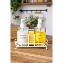 Tiran Cam Sıvı Sabunluk Seti 2’li – Beyaz Metal Standlı,  Mutfak & Banyo Sıvı Deterjan Dispenser Seti Süngerlikli