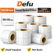 Defu 50X50 mm Termal Barkod Etiketi – 500 Adet x 10 Rulo (Toplam 5000 Adet) – Kendinden Yapışkanlı 40 mm Kuka