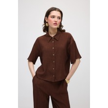 Gusto Kısa Kollu Krinkıl Bluz - Kahverengi