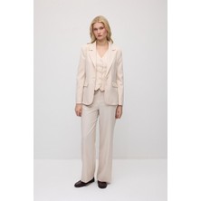 Gusto Silik Çizgili Bol Paça Kumaş Pantolon - Pudra