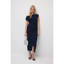 Gusto Asimetrik Omuzlu Simli Abiye Elbise - Lacivert