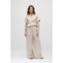 Gusto Bol Paça Beli Lastikli Lyocell Pantolon - Bej