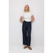 Gusto Bol Paça Tencel Denim Pantolon - Lacivert