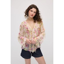 Gusto Çiçek Desenli Romantik Şifon Bluz - Pembe