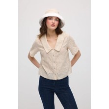 Gusto Geniş Yakalı Brode Gömlek - Vizon